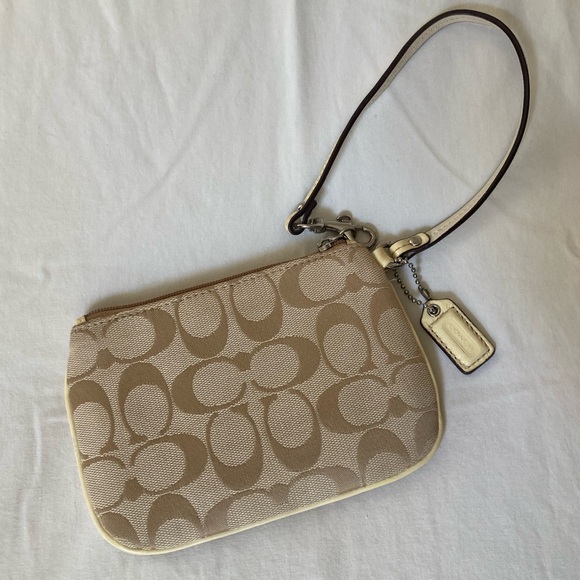 Coach Cream and Tan Signature Wristlet with Hang tag